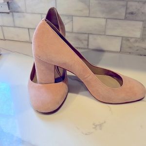 Blush suede round toe pumps